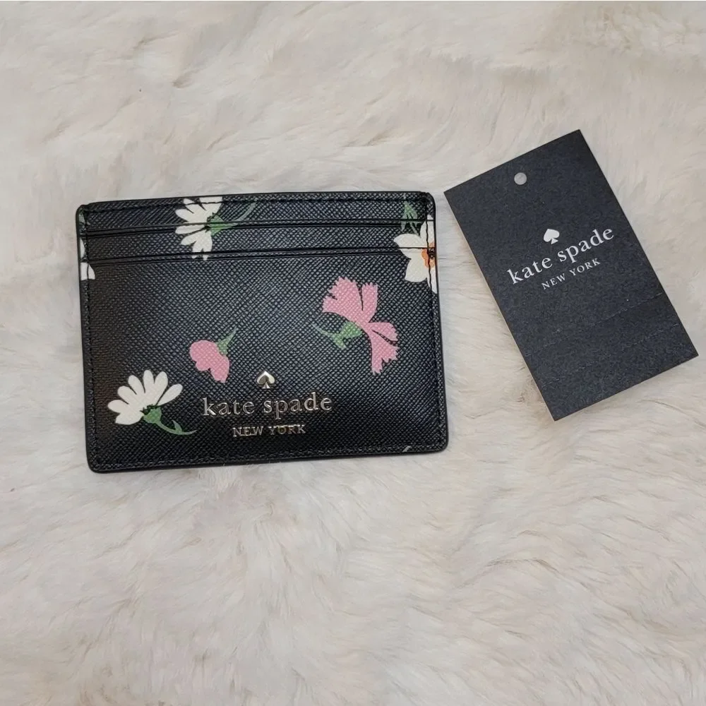 Kate Spade Madison Floral Waltz Printed Black Card Holder New $89